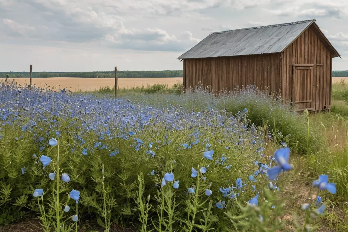 Flax grows in the field beside the workshop.